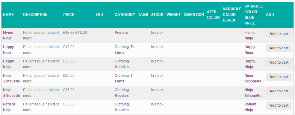 Display product variations in table for WooCommerce - 7